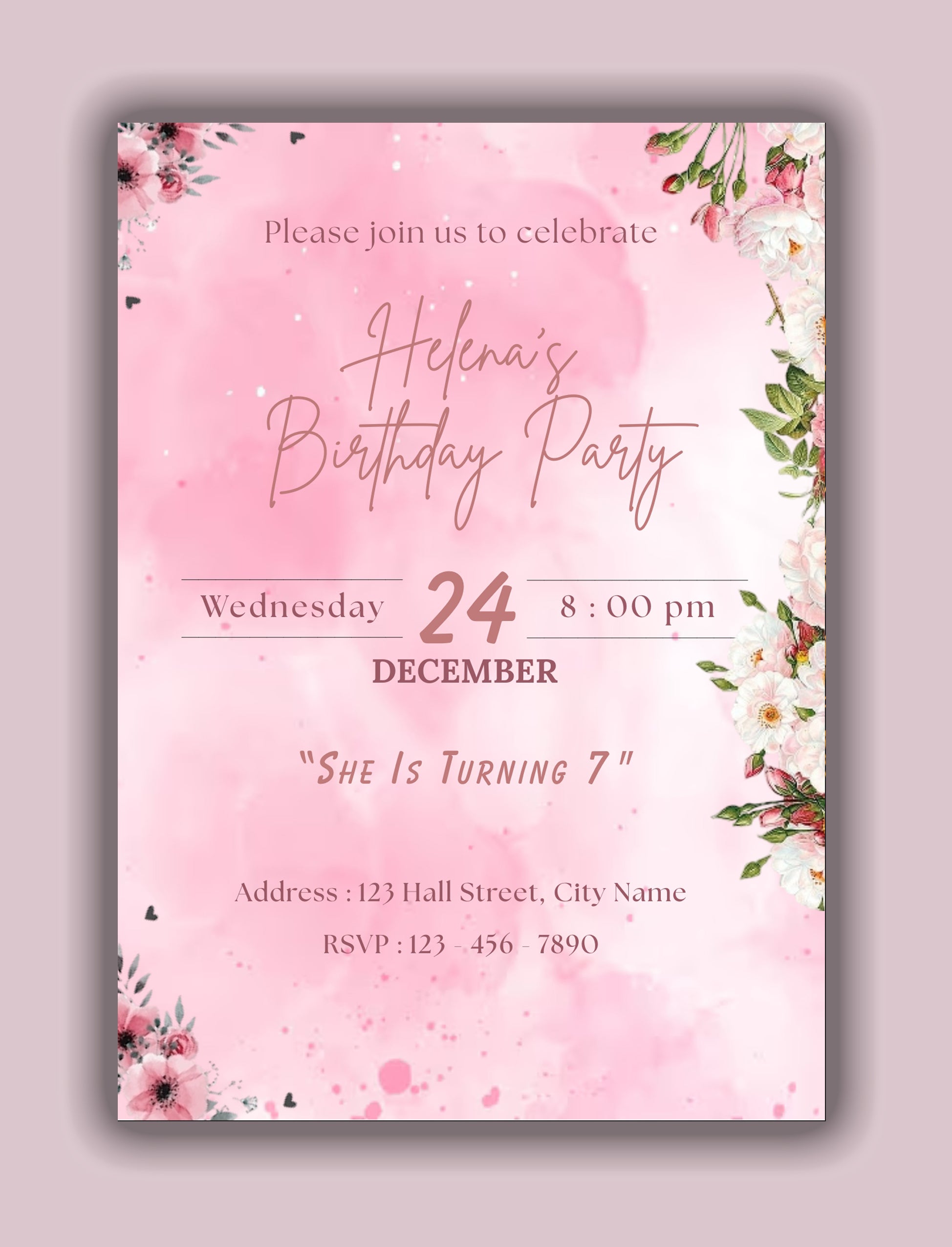 Pink Floral Birthday Invitation Card