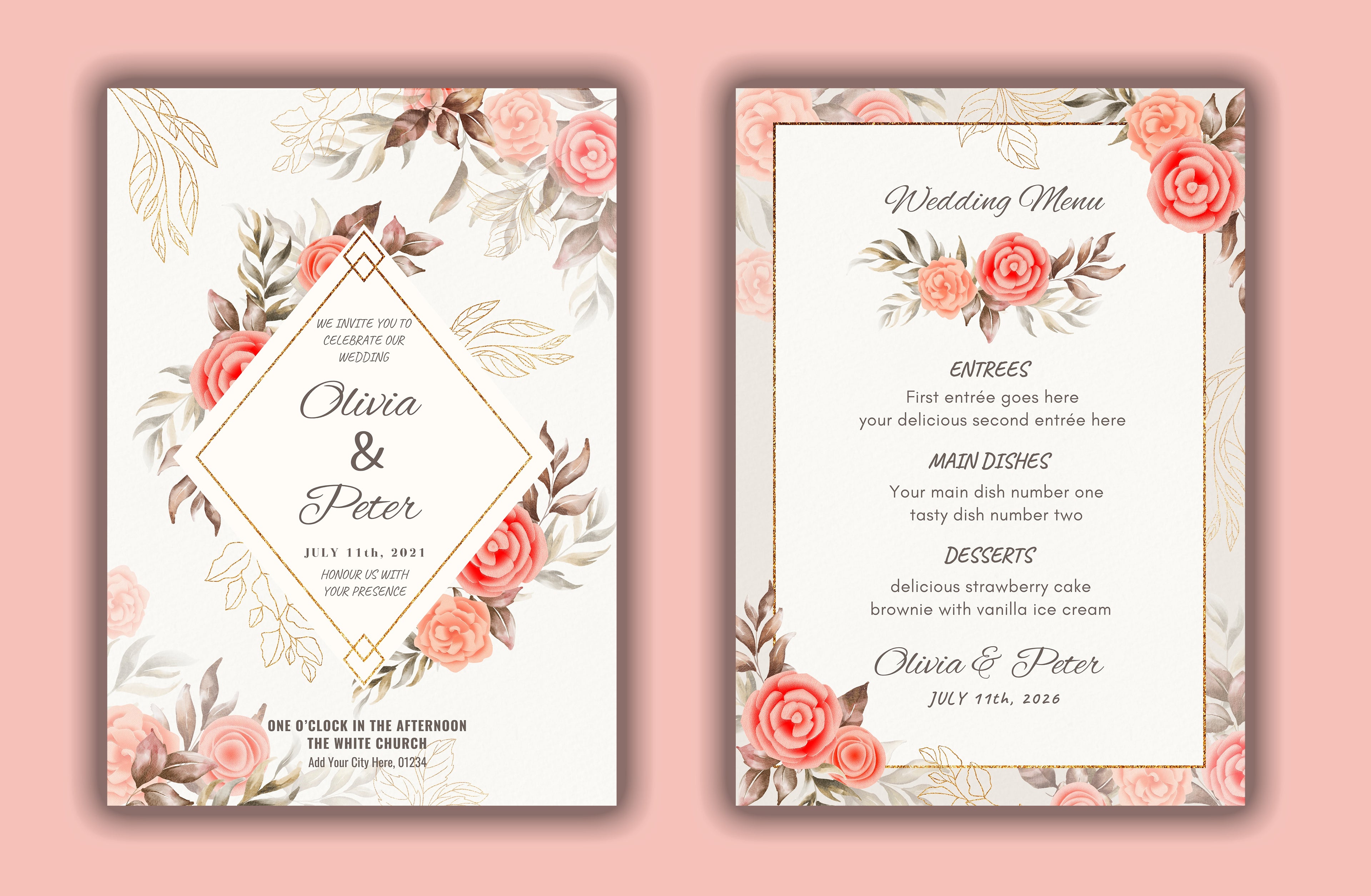 Blush Rose Invitation & Reception Menu Set